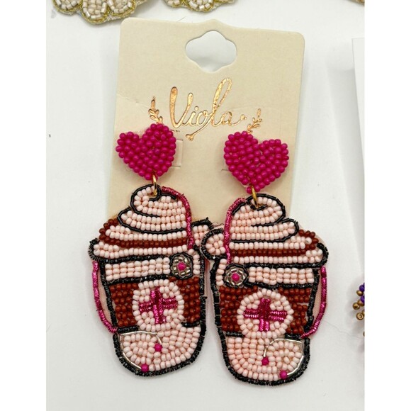 4 Pair Beaded Dangle Earrings Lot Dog Paw Cat Animal Boho Nurse Jewelry Gift - Picture 4 of 6